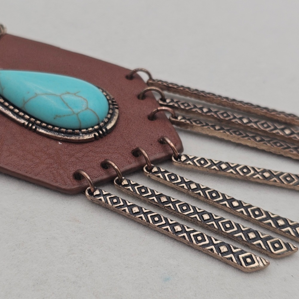 Brown Leather Blue Stone Pendant Necklace Metal Fringe Boho Tribal Southwest - Picture 10 of 13